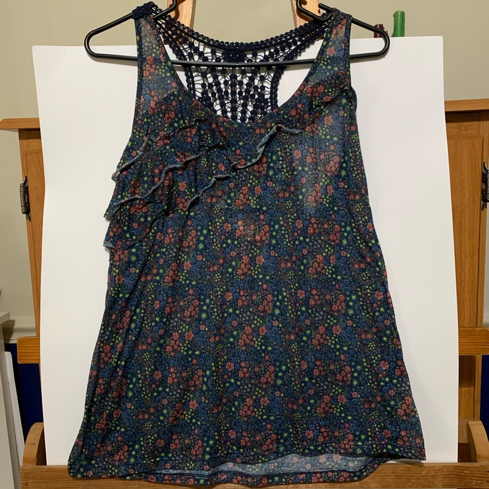 Blue Floral Pattern Lace Back Tank Top